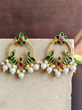 Traditional Golden Meenakari Hand-Painted Peacock Earrings with Pearls | Sarichka